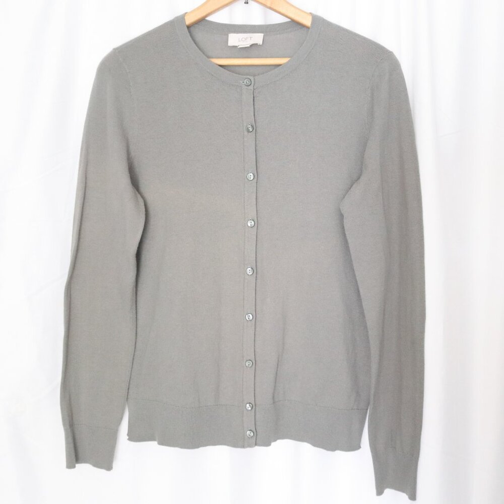Loft | Soft Sage Green Grey Lightweight Button Front Crewneck Cardigan Sweater - Picture 2 of 13